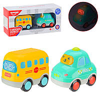Набор игрушечных инерционных машинок HE0538, школьный автобус и такси, звуковые и световые эффекты