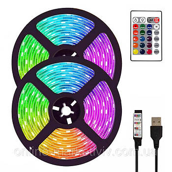 Комплект 2 шт Світлодіодна стрічка 5 м, від USB + пульт TV LED Strip CB-5050 / Лед підсвітка / RGB стрічка від повербанку