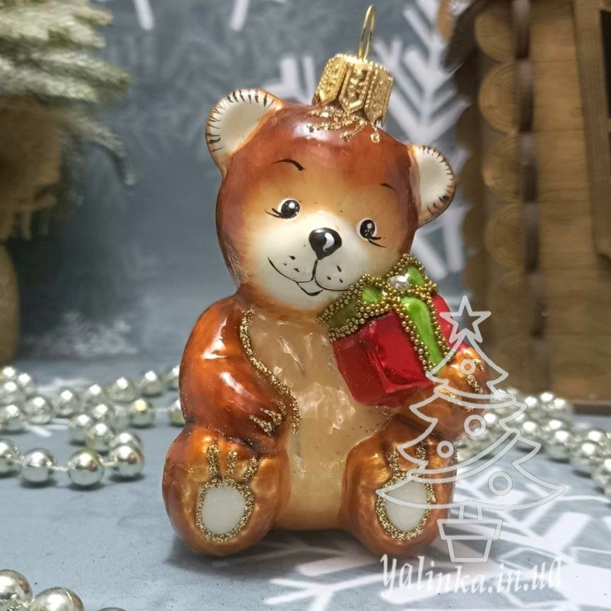Скляна ялинкова іграшка Ведмедик з подарунком ручна розпис irena