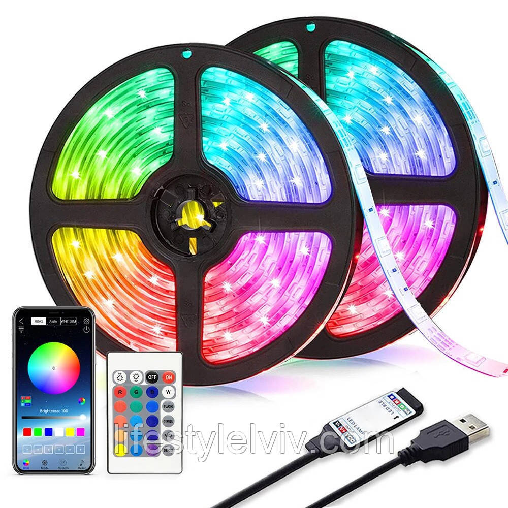Комплект 2 шт Світлодіодна стрічка з пультом 5 м, RGB, USB, TV LED Strip CB-5050 / Силіконова розумна стрічка