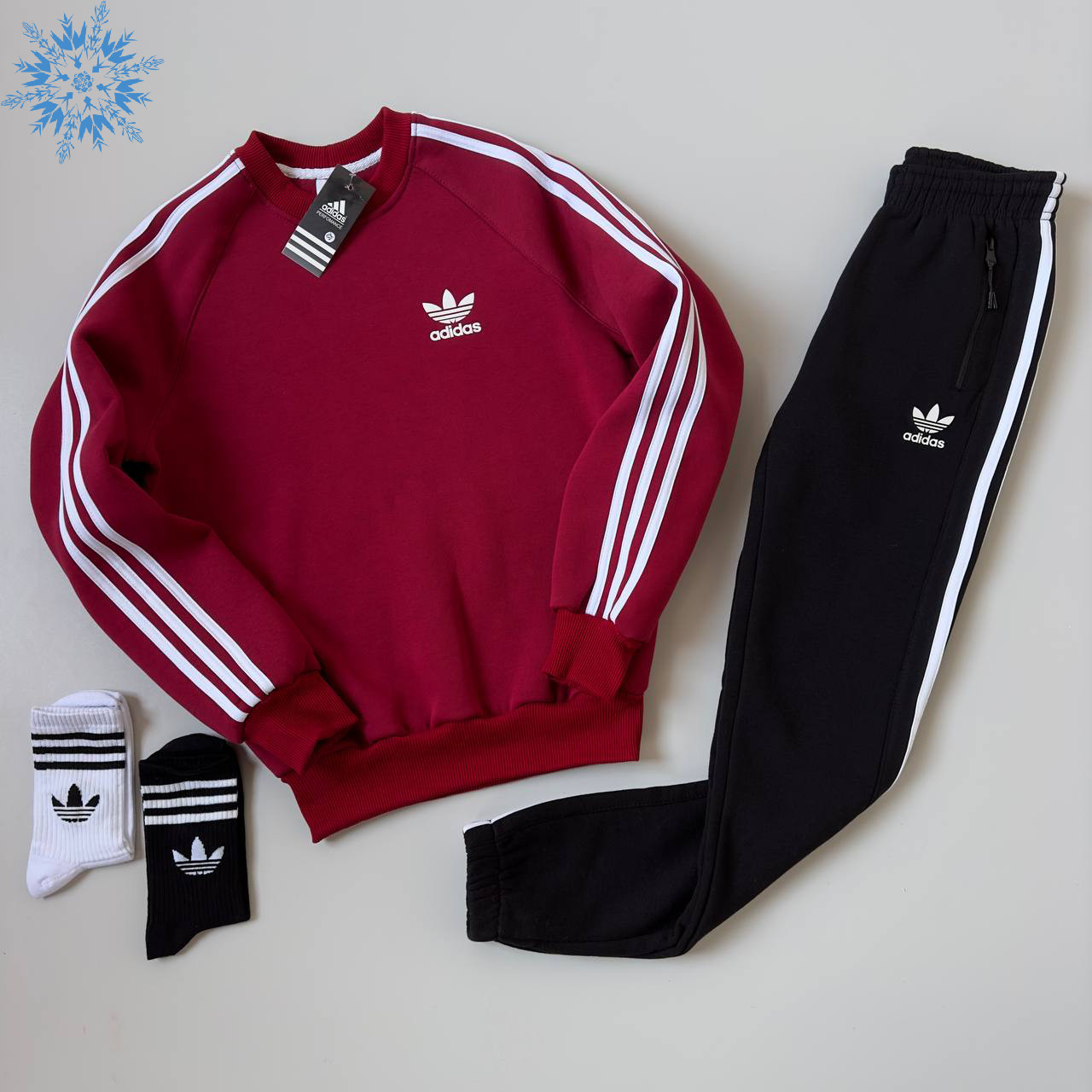 Спортивний костюм чоловічий зимовий Adidas теплий трикотажний на флісі (світшот + штани) бордо Туреччина. Живе фото