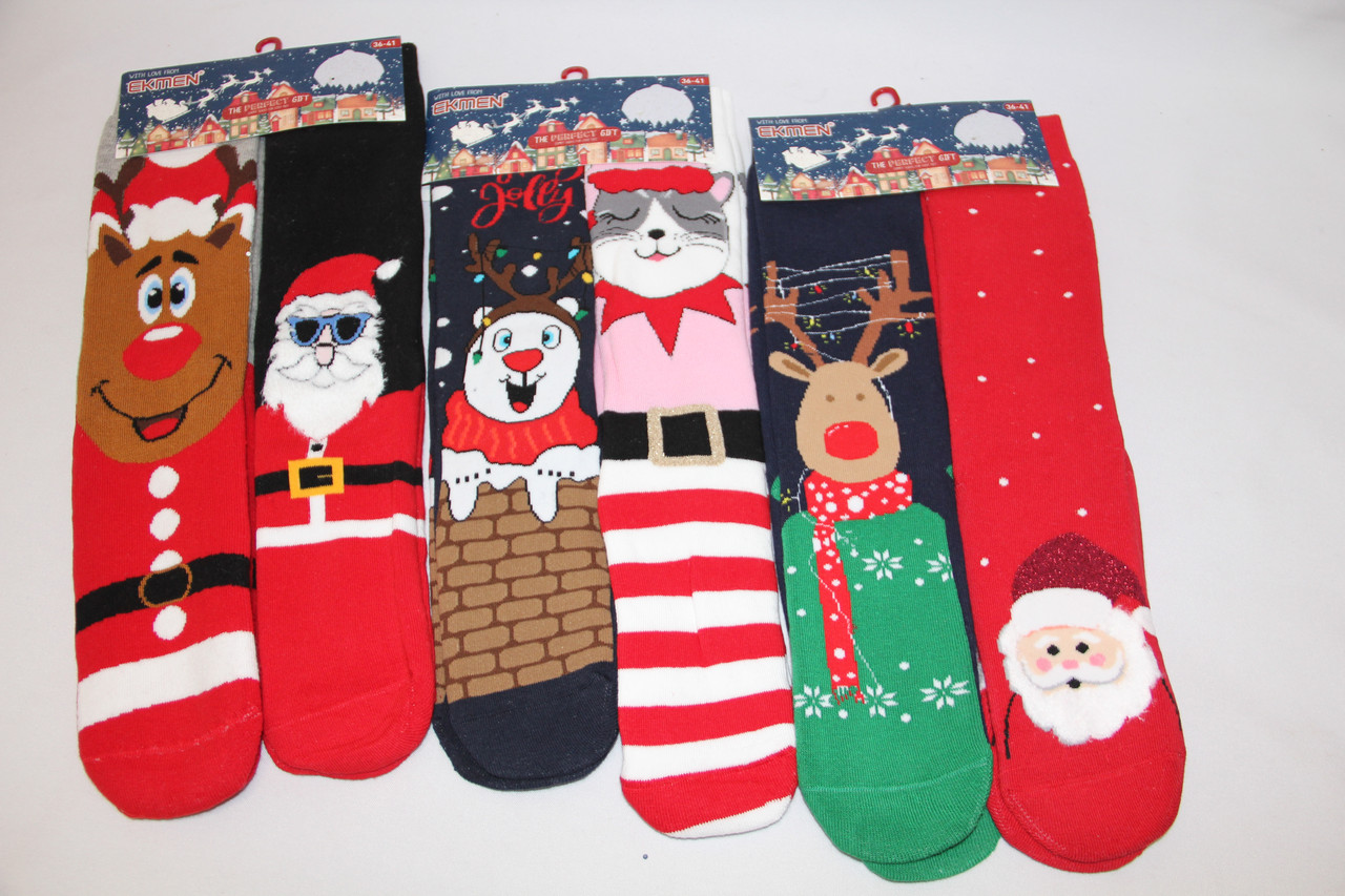 Жіночі шкарпетки махрові високі ЕКМЕН ЛП 36-41 м-4 кіт на рожевому,ведмідь гірлянда, сіль у зеленому,SANTA на червоному