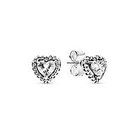 Серебряные серьги с белым сердцем "Искренние чувства" Пандора, камешки в форме сердца Pandora