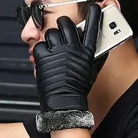Мужские зимние кожаные перчатки с мехом теплые черного цвета, перчатки ветрозащитные водонепроницаемые