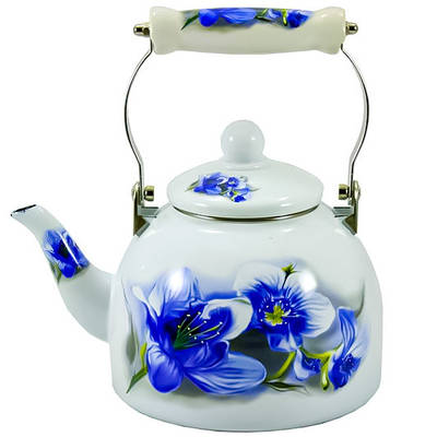 Чайник емальований з керамічною ручкою 2л Орхідея блакитна