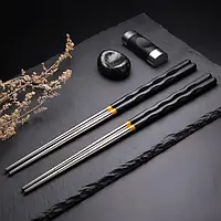 Палочки для еды (суши) 2 пары из нержавеющей стали с удобными ручками серо-черного цвета