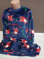 Детская пижама для мальчика утепленная махра травка велсофт Новый год 3-9 лет синяя