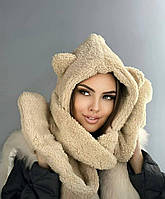Жіноча зимова шапка плюшева, комплект 3 в 1 шапка, шарф, рукавиці