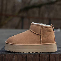 Женские зимние UGG Classic Ultra Mini Platform Chestnut, теплые коричневые замшевые угги ультра мини платформа