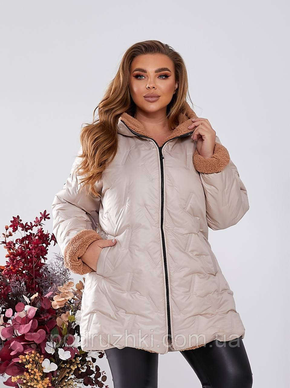 Жіноча куртка з хутром Тедді Тканина силікон плащівка 200 Розмір 50-52 54-56 58-60 62-64, фото 1
