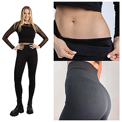 Безшовні теплі лосини з хутром, 48-56 розмір, Чорні / Жіночі утеплені зимові лосини