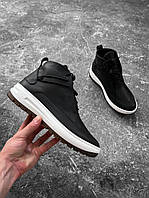 Мужские Зимние ботинки c белой подошвой кроссовки черные из натуральной кожи с мехом