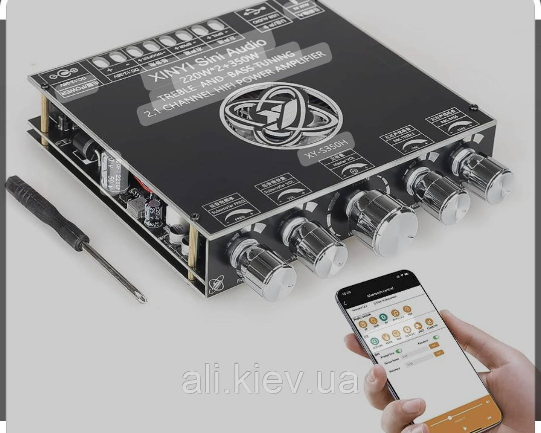 Аудіо підсилювач 2.1 XY-S350H 2x200W 1x350W з Bluetooth 5.1 USB, AUX, та темброблоком Sinilink
, DC12-38V