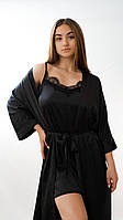 Женский комплект шелковый пеньюар и халат, комфортный набор короткий халатик на запах и ночнушка шелк черный