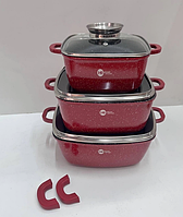 Комплект из 3-х казанов гранитных с пятислойным дном и крышками из жаростойкого стекла, Набор посуды pot