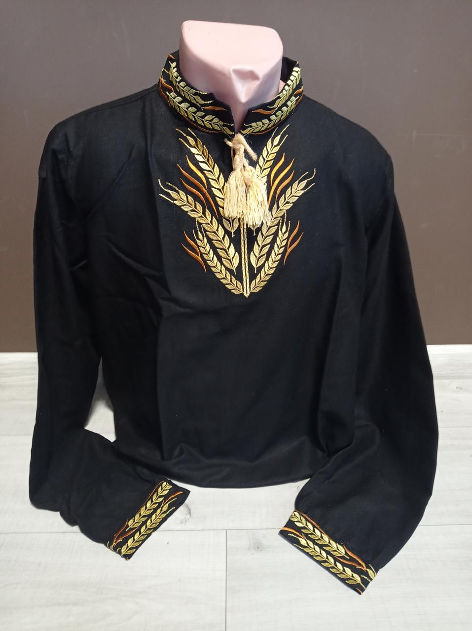Дизайнерська  чоловіча чорна вишиванка льон "Сила духа" з золотою вишивкою УкраїнаТД 44-64 розміри