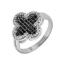 Серебряное кольцо с черно-белыми камнями Клевер