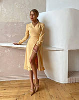 Сукня міді з костюмної тканини з довгими рукавами і розрізом на нозі, кольори: білий, жовтий, рожевий
