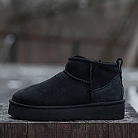 Женские зимние UGG Classic Ultra Mini Platform Black, теплые черные замшевые угги ультра мини на платформе уги