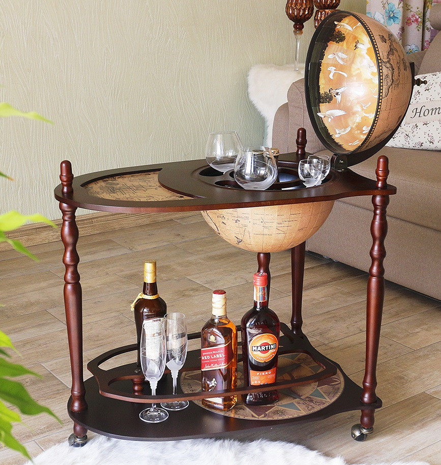 Підлоговий глобус-бар зі столиком двоярусний "Зодіак" дерев'яний на коліщатках сфера Ø 330 мм, фото 1