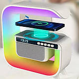 Нічник з бездротовою зарядкою годинником та 15W G 3 акумуляторний RGB світильник колонка радіо, фото 2