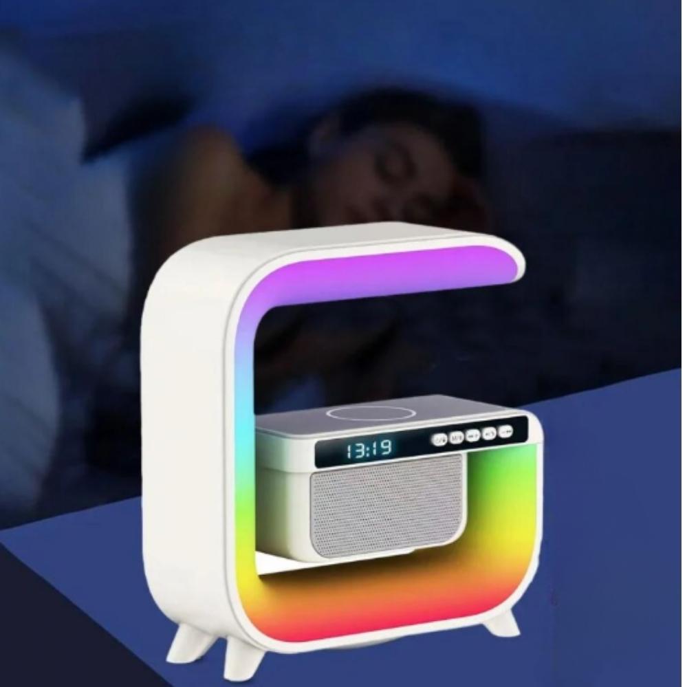 Нічник з бездротовою зарядкою годинником та 15W G 3 акумуляторний RGB світильник колонка радіо, фото 1