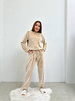 Теплая зимняя женская модная пижама из махры кофта и штаны, пижама на подарок домашний махровый комплект Бежевый, 50/52