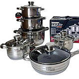 Набор кастрюль из нержавеющей стали ZP 075, набор посуды, посуда из нержавейки (12 предметов), фото 2