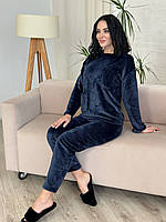 Женский махровый костюм домашний однотонный | Кофта + штаны | Комплект для дома | Пижама махра | Норма Темно-синий, 42/44