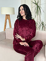 Женский махровый костюм домашний однотонный | Кофта + штаны | Комплект для дома | Пижама махра | Норма Бордовый, 42/44