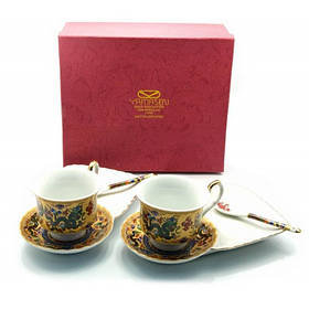 Чайний фарфоровий сервіз на 2 особи чашка 170мл, блюдце 21х12см, ложечка Дракони