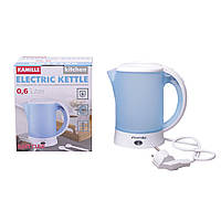 Чайник электрический Kamille 0.6л пластиковый (белый/голубой c чашками и ложками) KM-1718B