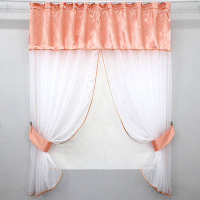 Кухонний комплект, (270х170см.) шторки з ламбрекеном і підхватами. Колір персиковий з білим. Код 084к 59-760