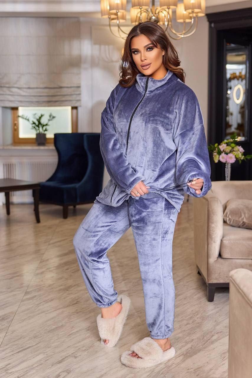 Тепла жіноча піжама колір джинс для дому якісний плюшевий зручний домашній костюм у піжамному стилі, фото 1