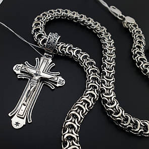 Чоловіча товста срібна цепока рамзес з хрестиком. Широкий ланцюг та кулон хрест срібло 925