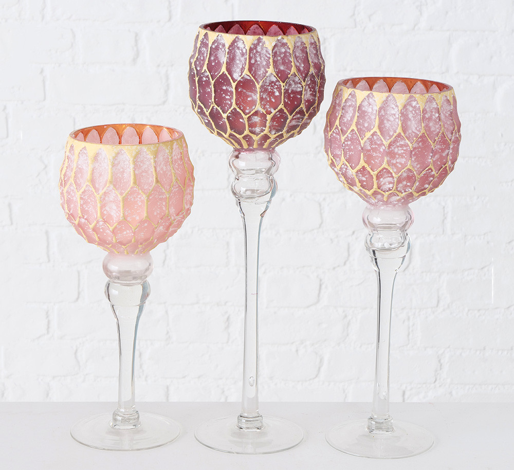 Набір 3-х свічників у вигляді келиха рожеве скло. h30-40см