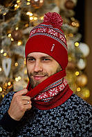 Новогодний комплект шапка + бафф со снежинками (2 в 1) Красный