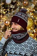 Новогодний комплект шапка + бафф со снежинками (2 в 1) Бордовый