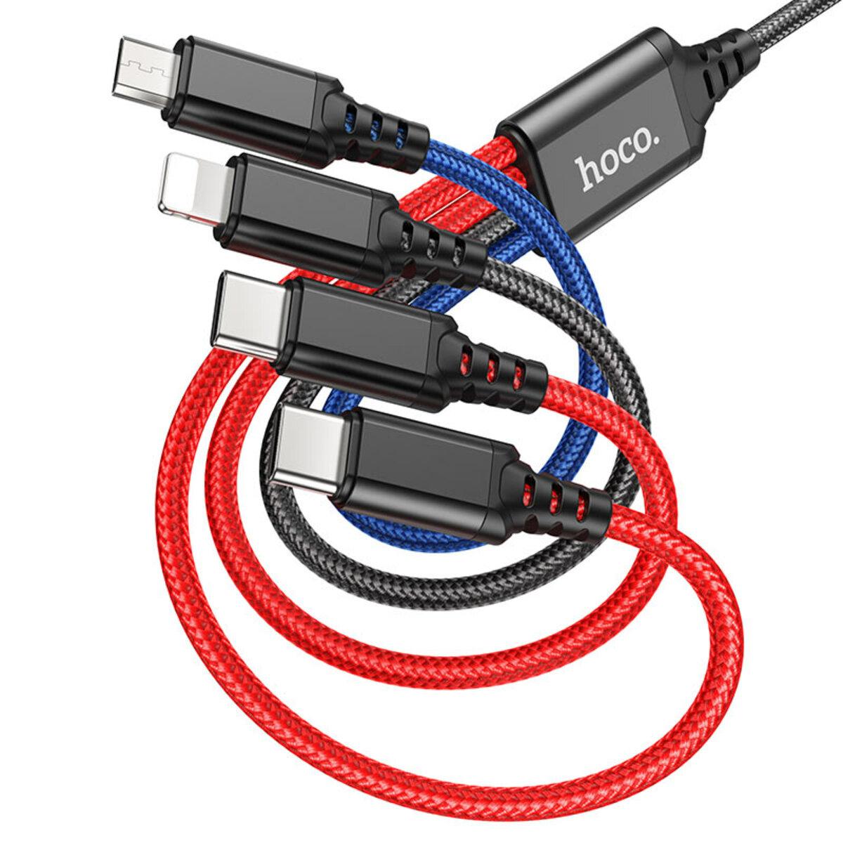 Кабель HOCO X76 USB to iP+Type-C+Type-C+Micro 2A, 1m, nylon, aluminum connectors Black+Red+Blue - фото 1 - id-p2034113236