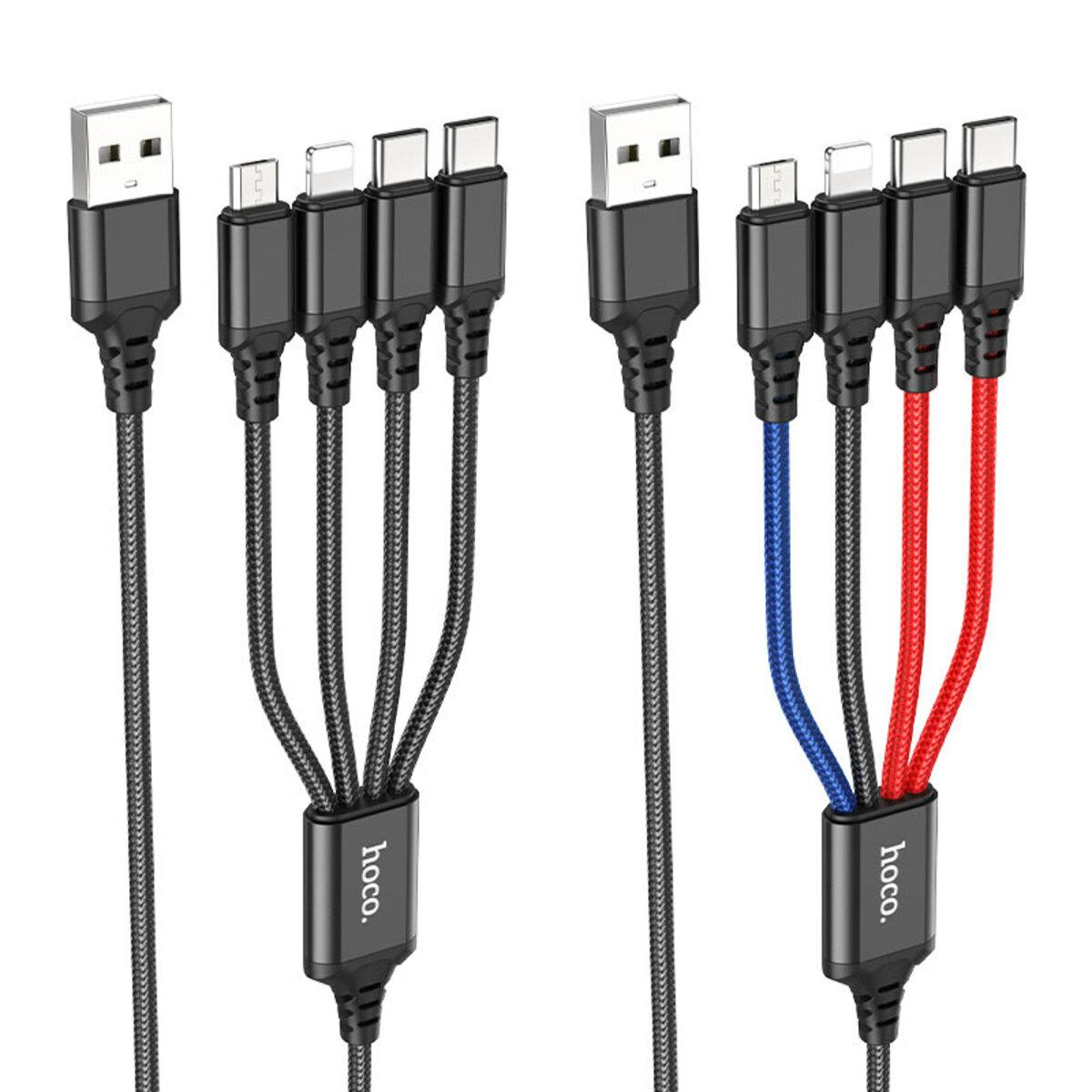 Кабель HOCO X76 USB to iP+Type-C+Type-C+Micro 2A, 1m, nylon, aluminum connectors Black+Red+Blue - фото 3 - id-p2034113236