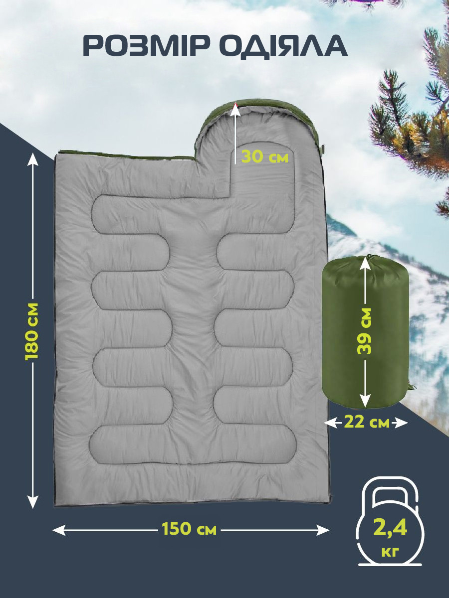Спальный мешок зимний (спальник) одеяло с капюшоном E-Tac Winter Green - фото 5 - id-p2034233116