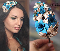"Шоколадно-блакитні гладіолуси" обруч/віночок для волосся з квітами ручної роботи . Подарунок