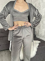 Жіночий костюм трійка Велюрова жіноча піжама з топом Домашній жіночий костюм Fellix