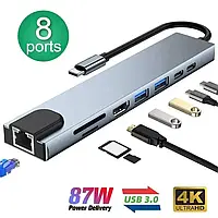 USB- концентратор 8 in 1, HDMI 4K, карт-ридер,RJ45, SD,TF, зарядка