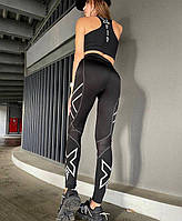 Жіночі лосини і топ майка костюм для спорту і фітнесу з високою посадкою біфлекс колір чорний з принтом