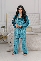 Пижама женская тройка бирюзовая плюшевая брюки майка халат большого размера 50-60. 103972