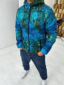 Куртка чоловіча весна-осінь блакитна з капюшоном з принтом утеплена демісезонна Sky Blue
