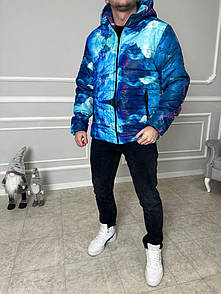 Куртка чоловіча весна-осінь блакитна з капюшоном з принтом утеплена демісезонна Sky Blue