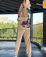 Женский спортивный костюм велюр двойной теплый цвет бежевый принт джокер