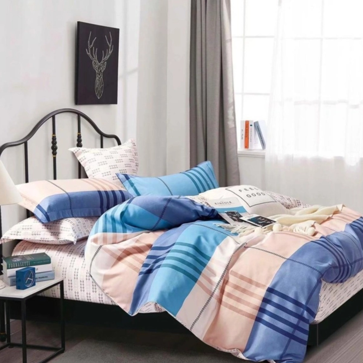 Комплект постільної білизни двоспальний ZMW "Home Textiles" (37626) Синьо-блакитні+бежеві смуги